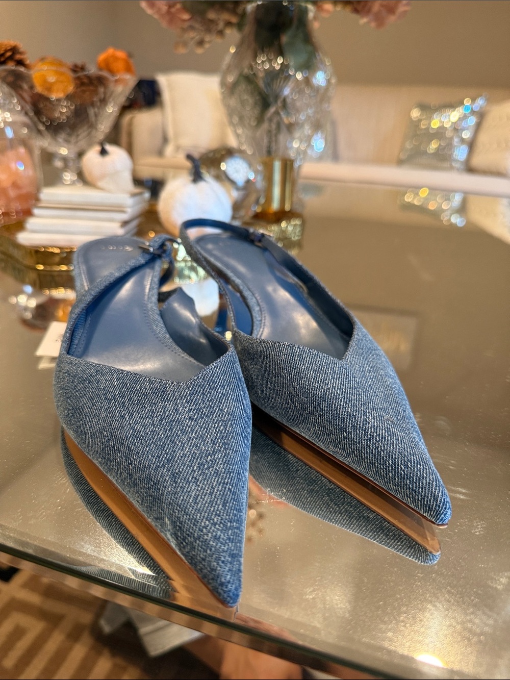 MNG Classic Pointed Denim Slingback Flats - Blue